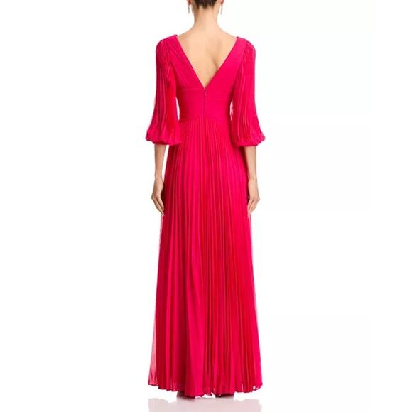 Teri Jon by Rickie Freeman Fuchsia Chiffon Pleated V-Neck Long Sleeve Gown 18 - Picture 3 of 16